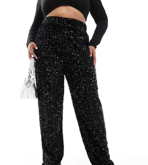 Pieces Curve wide leg velour sequin trousers in black