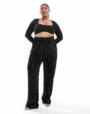 Pieces Curve wide leg velour sequin trousers in black