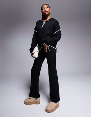 Kaiia exclusive contrast stitch wide leg knitted trousers co-ord in black