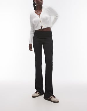 Topshop Tall skinny rib flared trouser in black