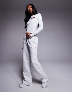 Kaiia cotton rich embroidered logo wide leg joggers co-ord in light grey marl and red