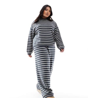 Pieces Curve knitted wide leg jogger co-ord in grey blue stripe