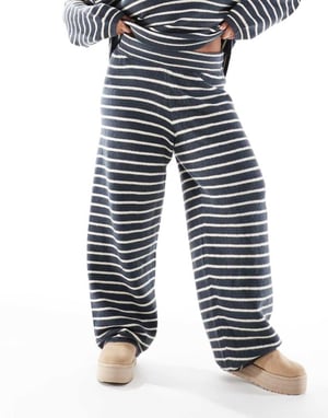 Pieces Curve knitted wide leg jogger co-ord in grey blue stripe