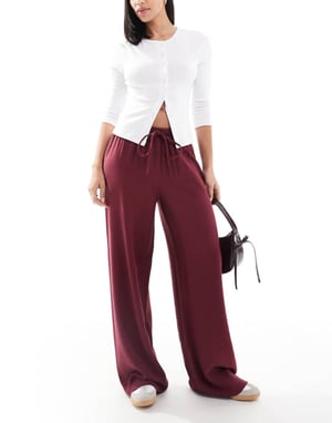 ASOS DESIGN soft tailored wide leg pull on trouser in burgundy