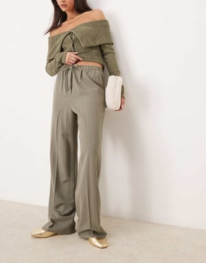 ASOS DESIGN tailored pull on trousers in khaki stripe