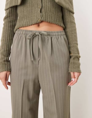 ASOS DESIGN tailored pull on trousers in khaki stripe