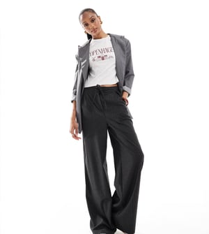 ASOS DESIGN Tall tailored tie waist wide leg trousers with pleat detail in brushed charcoal stripe