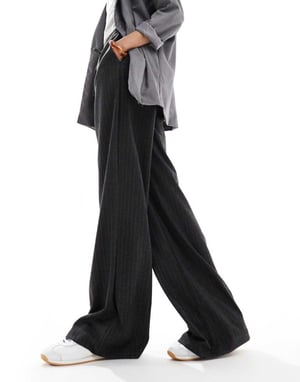 ASOS DESIGN Tall tailored tie waist wide leg trousers with pleat detail in brushed charcoal stripe