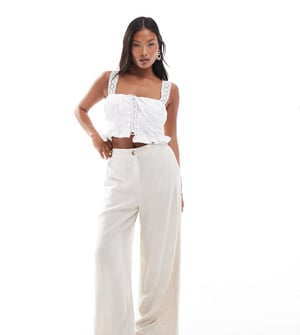 ASOS DESIGN Petite tailored wide leg dad trousers with linen in stone