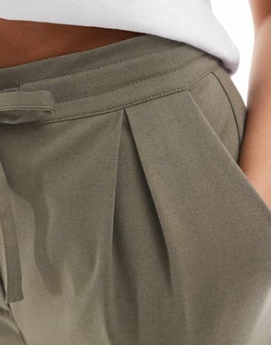 ASOS DESIGN tailored tie waist wide leg trousers with pleat detail in brushed khaki