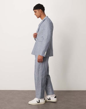 ASOS DESIGN linen oversized tapered suit trousers with stripes in indigo
