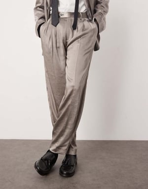 ASOS DESIGN oversized tapered suit trousers in grey matte satin