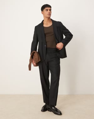 ASOS DESIGN linen blend oversized tapered suit trousers in black twill