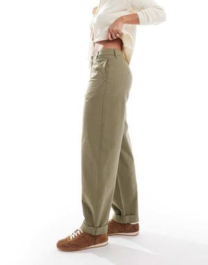 ASOS DESIGN tapered trousers with turn up detail in olive - KHAKI