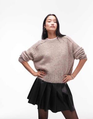 Topshop knitted rib detail crew relaxed jumper in mushroom
