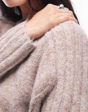 Topshop knitted rib detail crew relaxed jumper in mushroom