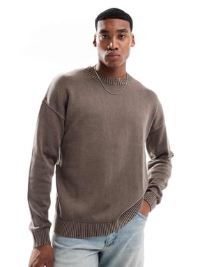 ASOS DESIGN washed relaxed knitted crew neck jumper in brown