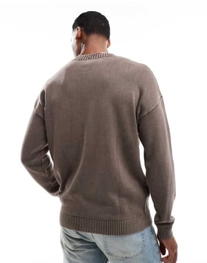 ASOS DESIGN washed relaxed knitted crew neck jumper in brown