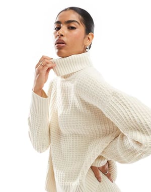 Vero Moda waffle texture rollneck jumper co-ord in cream