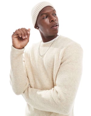 Jack & Jones fluffy rib high neck jumper in beige