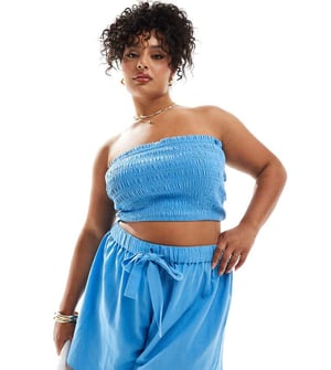 ASOS DESIGN Curve Isabel mix & match linen look shirred bandeau beach top in blue