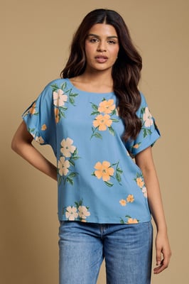 Petite Printed Roll Sleeve Blouse