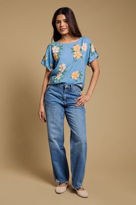 Petite Printed Roll Sleeve Blouse