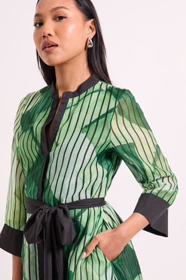 Belted Contrast Detail Collarless Shirt Dress