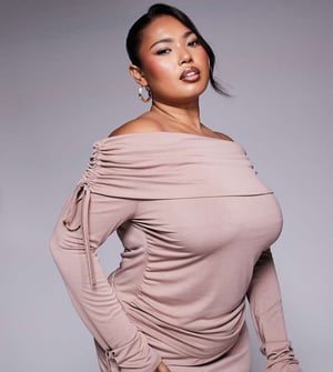 ASOS DESIGN Curve soft handle off shoulder ruched long sleeve top in mink