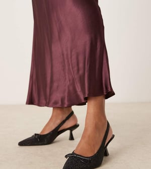 Glamorous Wide Fit slingback kitten heels with bow in black embellished