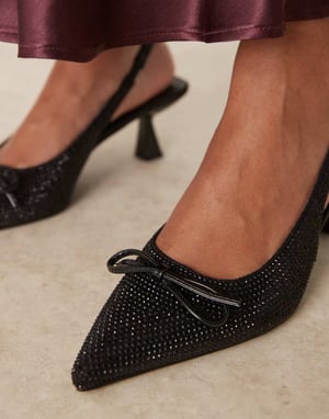 Glamorous Wide Fit slingback kitten heels with bow in black embellished