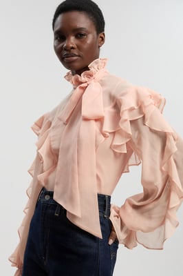 Ruffle Front Crinkle Georgette Pussy Bow Blouse