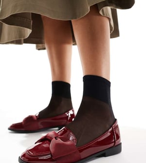 ASOS DESIGN Wide Fit Mentor bow loafer flat shoes in burgundy patent