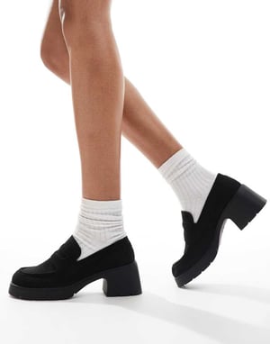 ASOS DESIGN Scribble chunky mid heeled loafers in black suedette