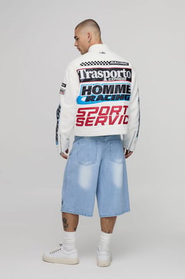 Boxy Fit Twill Applique Moto Jacket