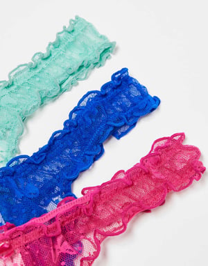 ASOS DESIGN 3 pack bow mesh scrunch thongs in pink, green & blue