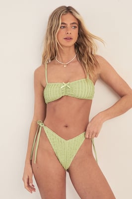 Textured Ruched Bow Trim Crop Tie Side Bikini Set