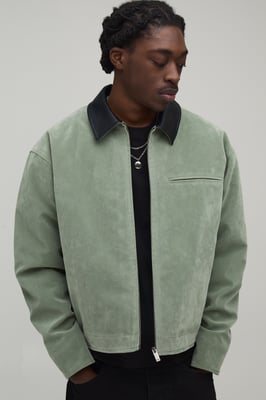 Oversized Boxy Contrast Collar Faux Suede Harrington Jacket