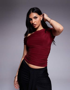Kaiia exclusive double layered slinky drape off shoulder top in burgundy