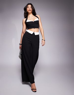 ASOS LUXE co-ord satin contrast halter bralet with bow back in black