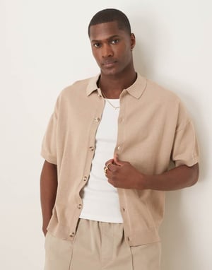 ASOS DESIGN relaxed lightweight knitted cotton button through polo in stone