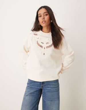 Miss Selfridge embroidery cut out detail sweatshirt in ecru