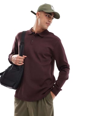 ONLY & SONS relaxed fit long sleeve polo sweater in burgundy
