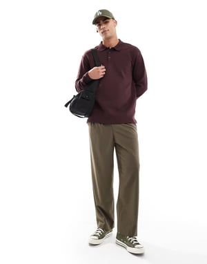 ONLY & SONS relaxed fit long sleeve polo sweater in burgundy