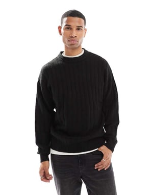 Jack & Jones oversized wide rib jumper in black