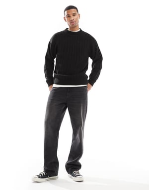 Jack & Jones oversized wide rib jumper in black