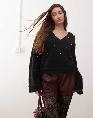 Miss Selfridge diamond pattern embellished wide sleeve jumper in black