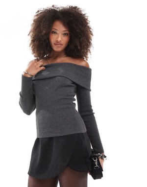 Miss Selfridge fold over knit rib bardot in charcoal