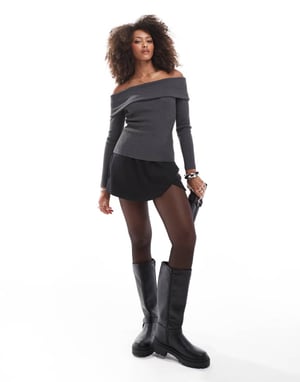 Miss Selfridge fold over knit rib bardot in charcoal