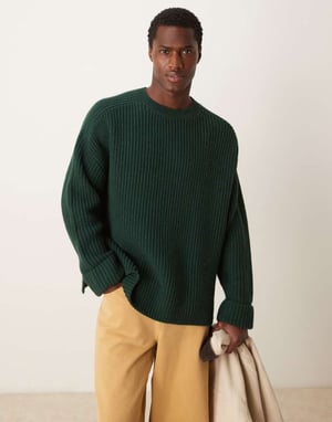 ASOS DESIGN oversized wool mix heavyweight rib knitted jumper in dark green